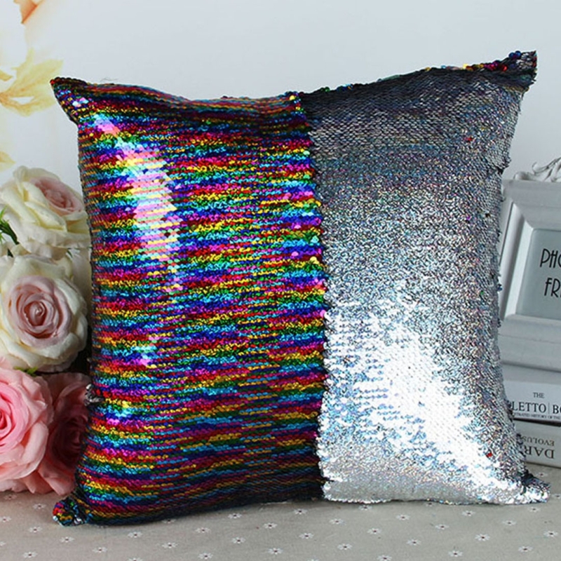 DIY Two Tone Glitter Sequins Throw Pillow Case Reversible Sequin