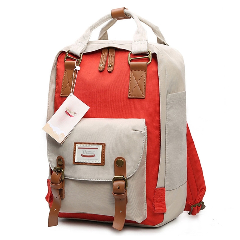 Fashion Casual Travel Backpack Laptop Bag Student Bag with Handle (Ivory+Red)