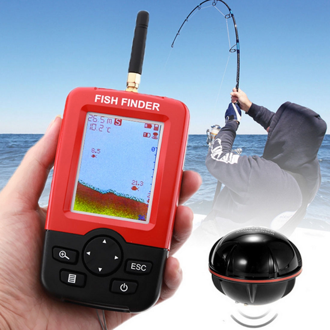 XJ01 Wireless Fish Detector 125KHz Sonar Sensor 0.636m Depth Locator