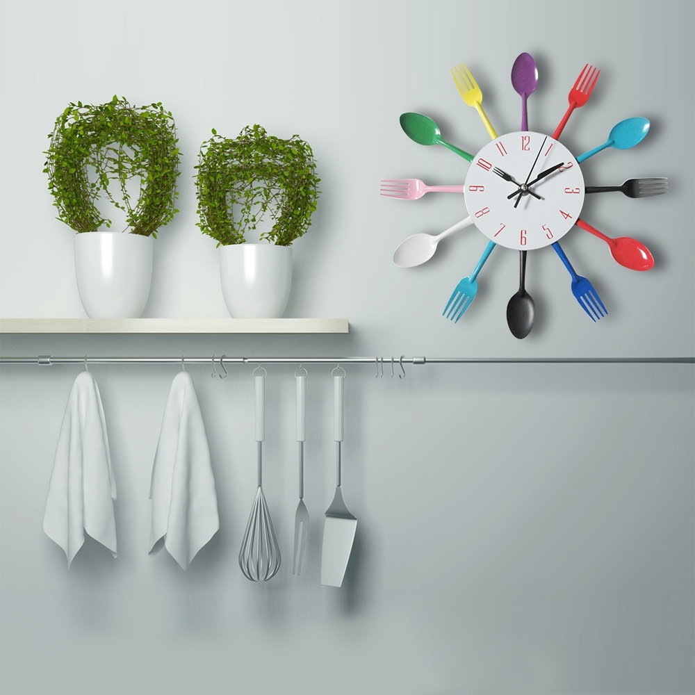 Cutlery Metal Kitchen Wall Clock Spoon Fork Creative Quartz Wall