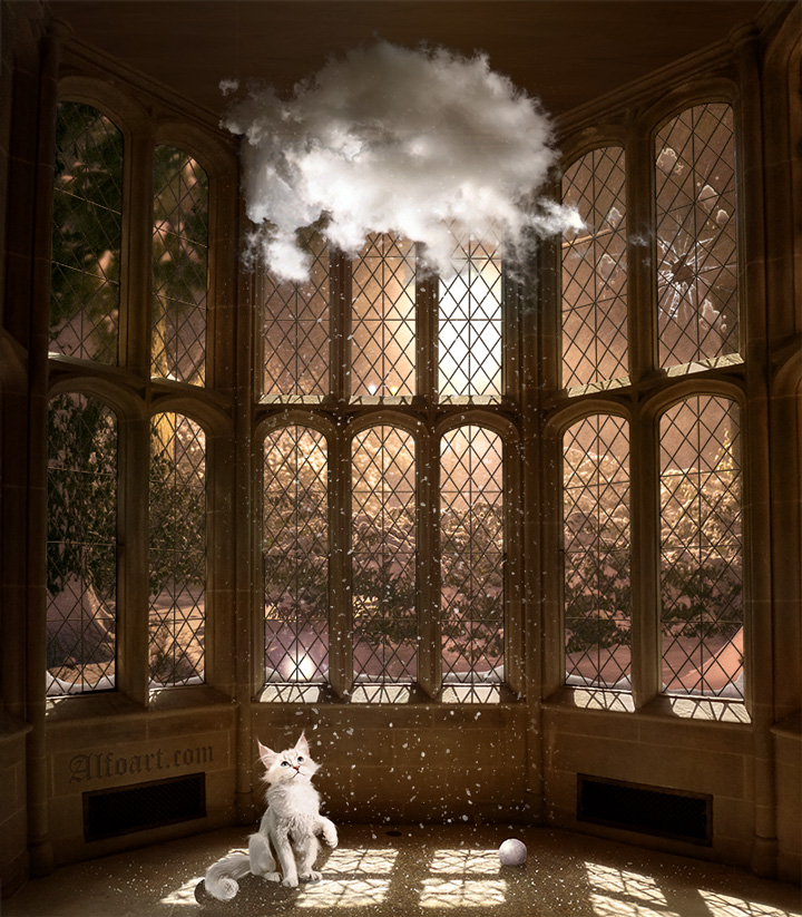 Snowfall from the magic cloud in old Tudor style house. Fairy tale