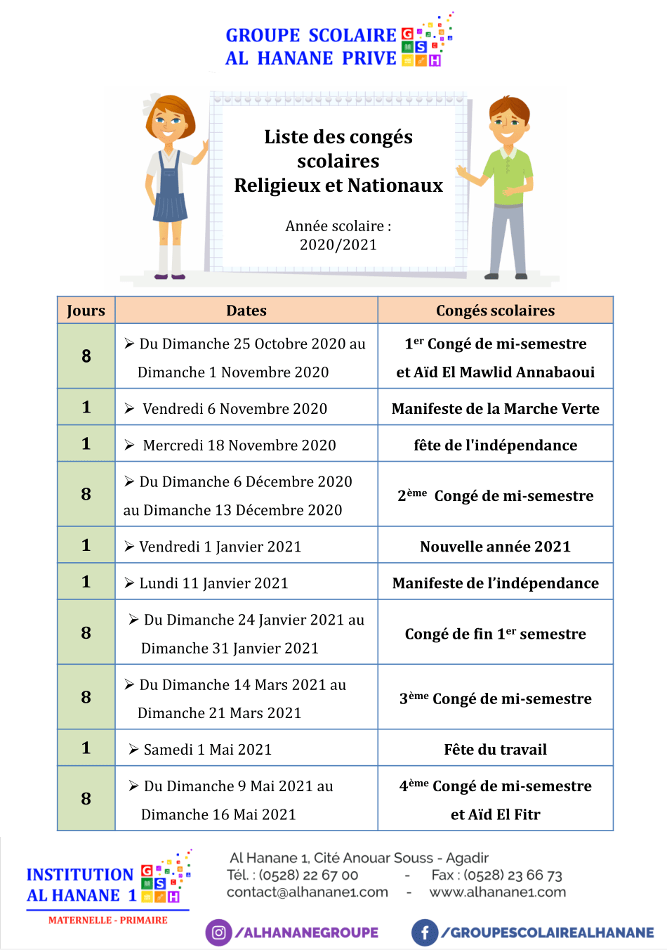 Les cours ont repris pour tous le 26 avril, mais collégiens et lycéens ne regagneront leur. Vacances Scolaires Groupe Scolaire Al Hanane
