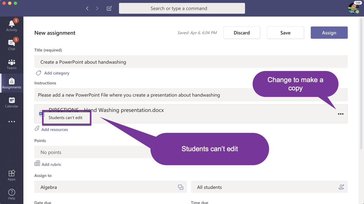 Students can't edit the file. Click 3 dots to change to make a copy. 