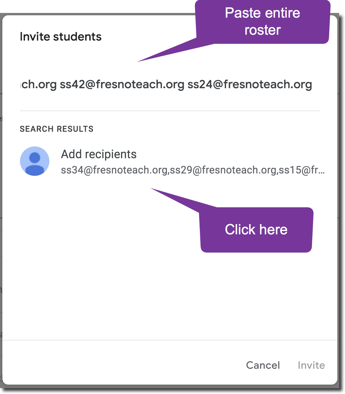 Invite students by pasting the entire roster of email addresses.