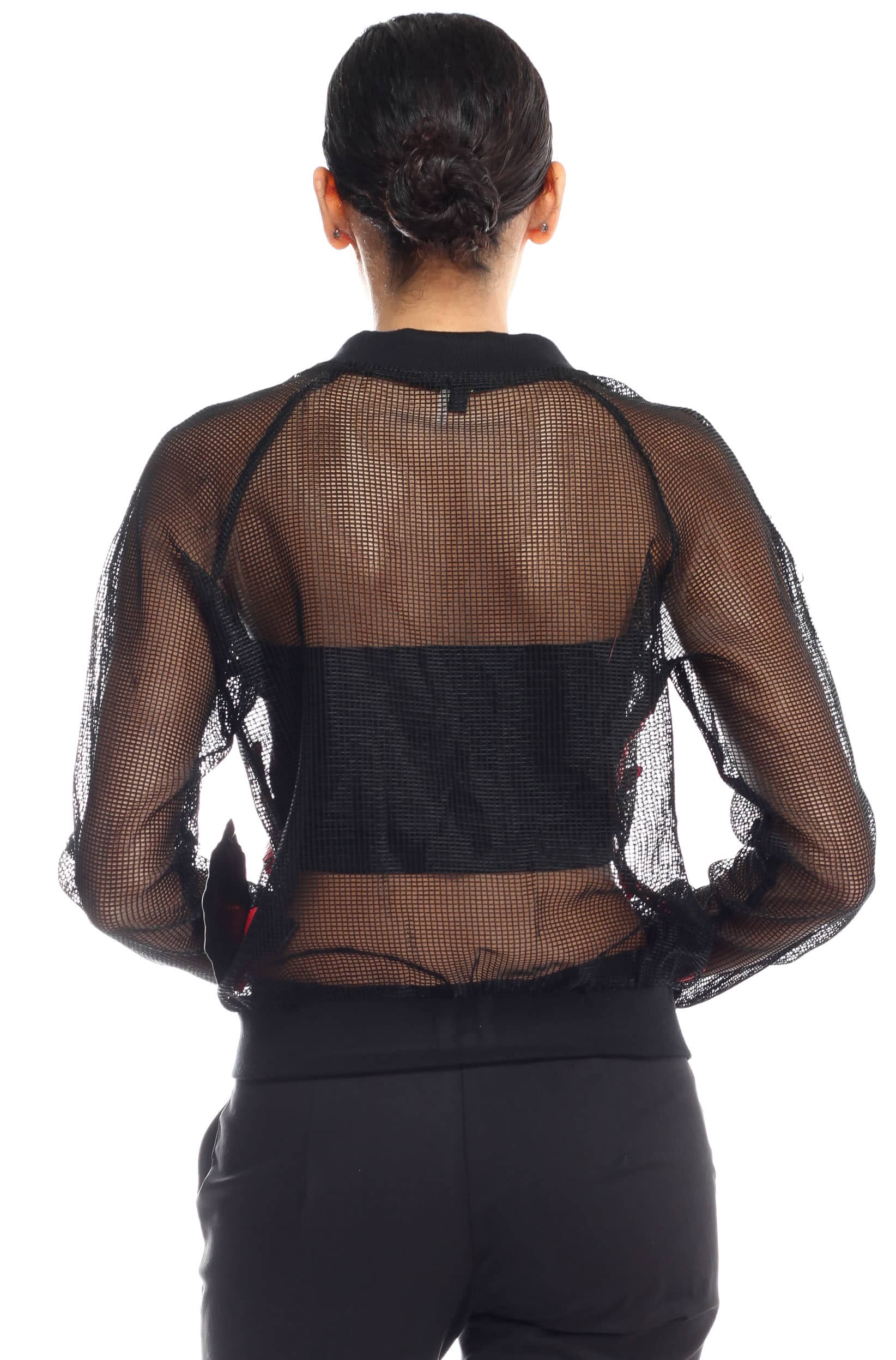 Black Mesh Bomber Jacket With Red Flower Design Alila
