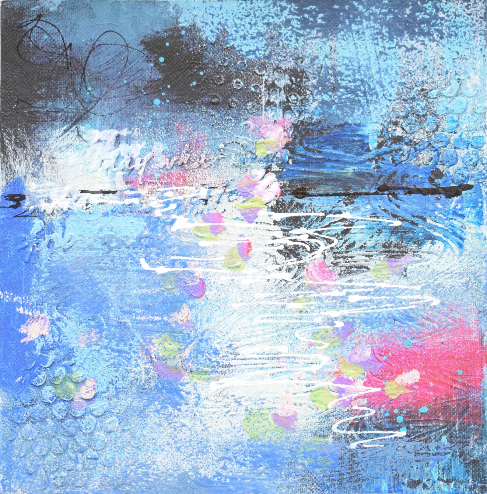 Small, blue, mixed media art, in white frame blue abstract water