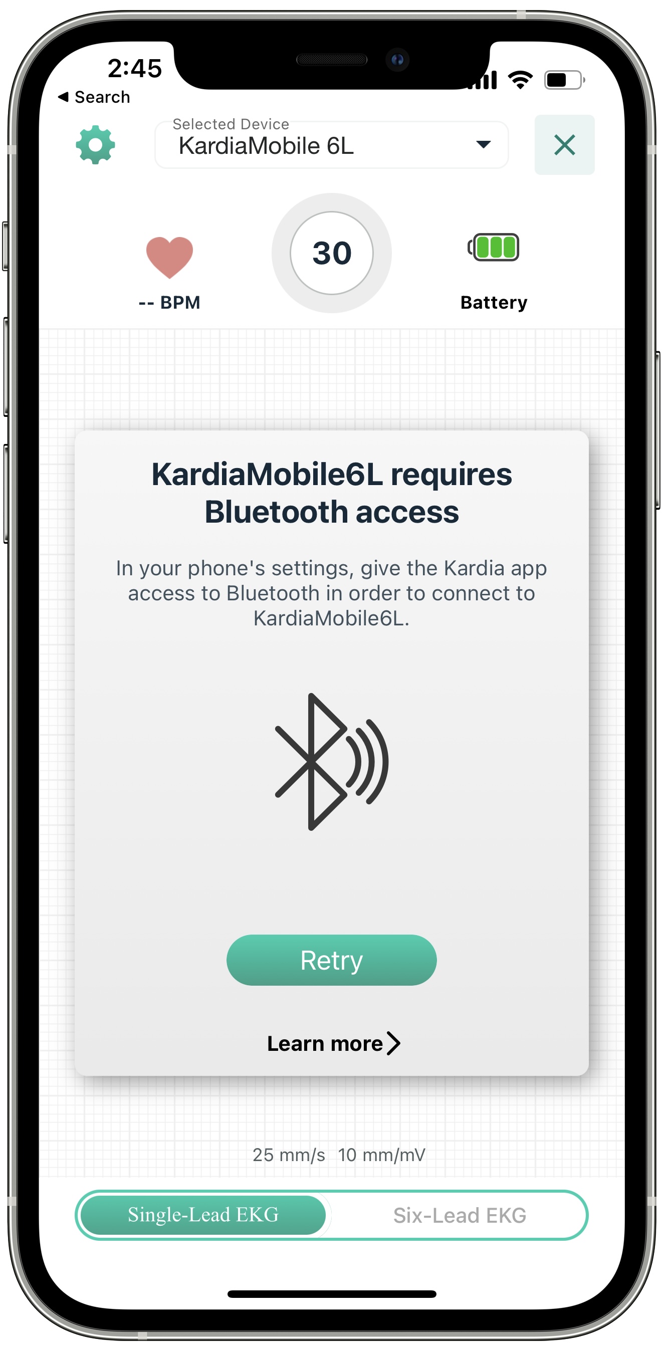 What to do if my Kardia app states "KardiaMobile 6L requires Bluetooth