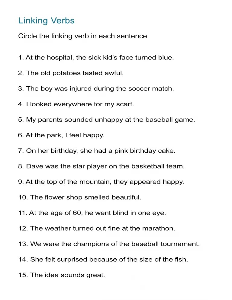 Linking Verbs Worksheet Find the Linking Verbs ALL ESL