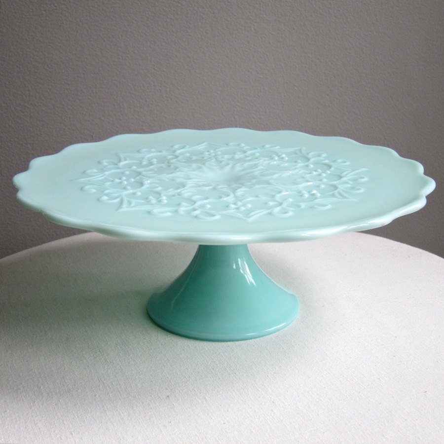 Colored Glass Cake Stand. Jadeite 6" Glass Cake Stand By Mosser Glass.