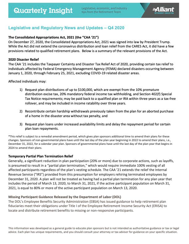 Quarterly Insight, Q4 2020 Alliant Retirement Consulting