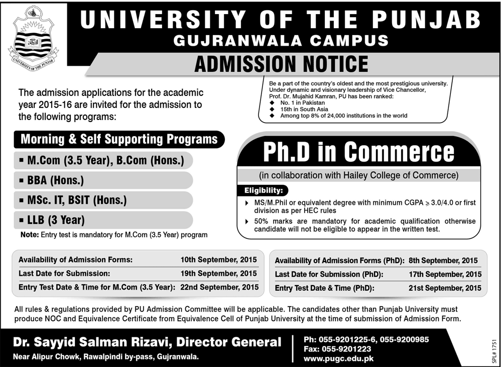 University of the Punjab Gujranwala Campus BBA MSc BSIT LLB