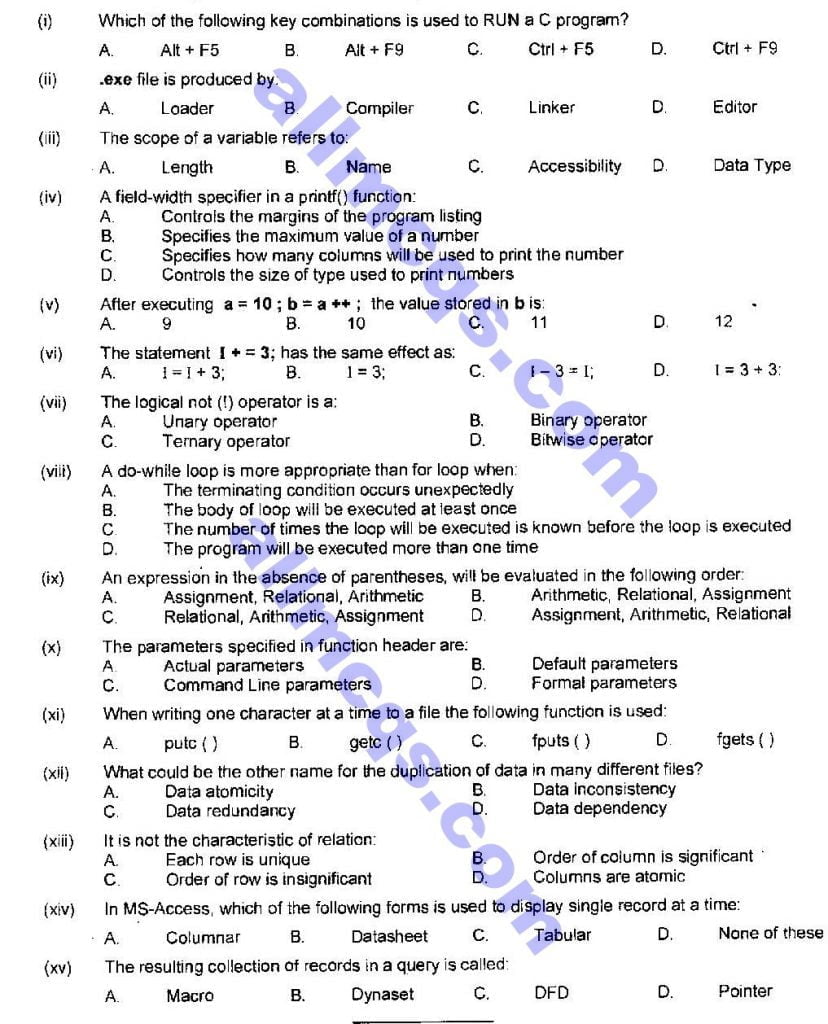 Computer Science ICS Part1 MCQs Papers Free Online MCQS Questions