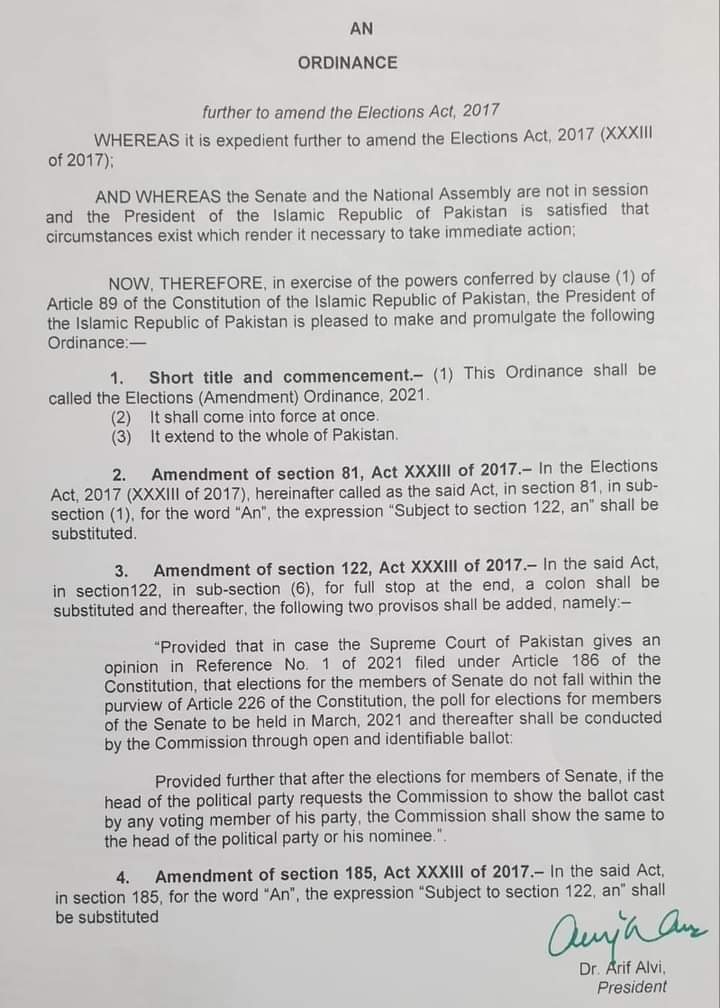 Election (Amendment) Ordinance 2021 | Dr. Arif Alvi (President of Islamic Republic of Pakistan) - allpaknotifications.com