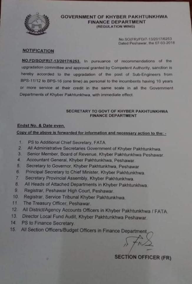 Notification | Upgradation of the Post of Sub-Engineers from BPS-11/12 to BPS-16 | Government of Khyber Pakhtunkhwa Finance Department (Regulation Wing) | March 07, 2028 - allpaknotifications.com