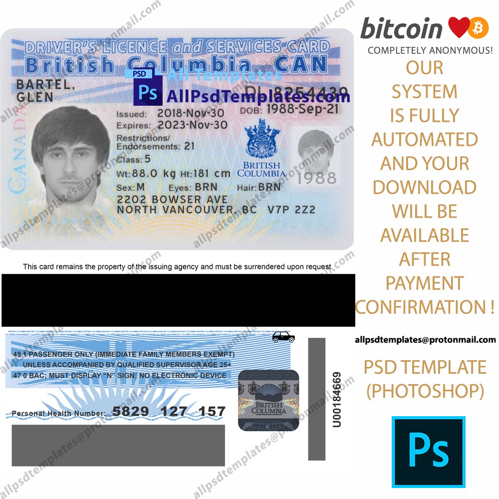 Canada BC Driving License Template ALL PSD TEMPLATES