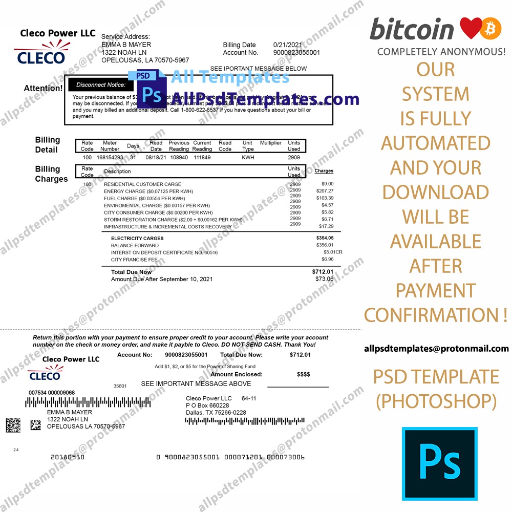 Louisiana Cleco Power LLC Bill Template ALL PSD TEMPLATES