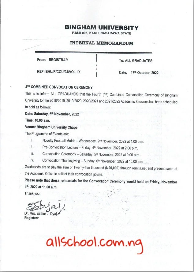 Bingham University Combined Convocation Ceremony Scheduled