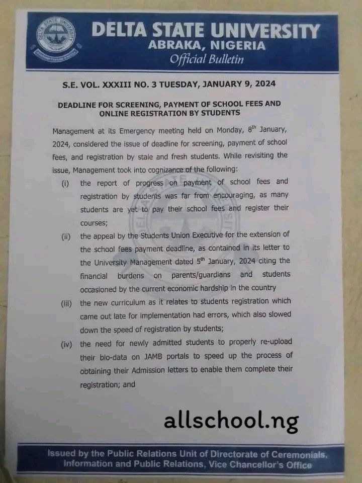 DELSU Payment of School Fees Deadline for 2023/2024 Announced