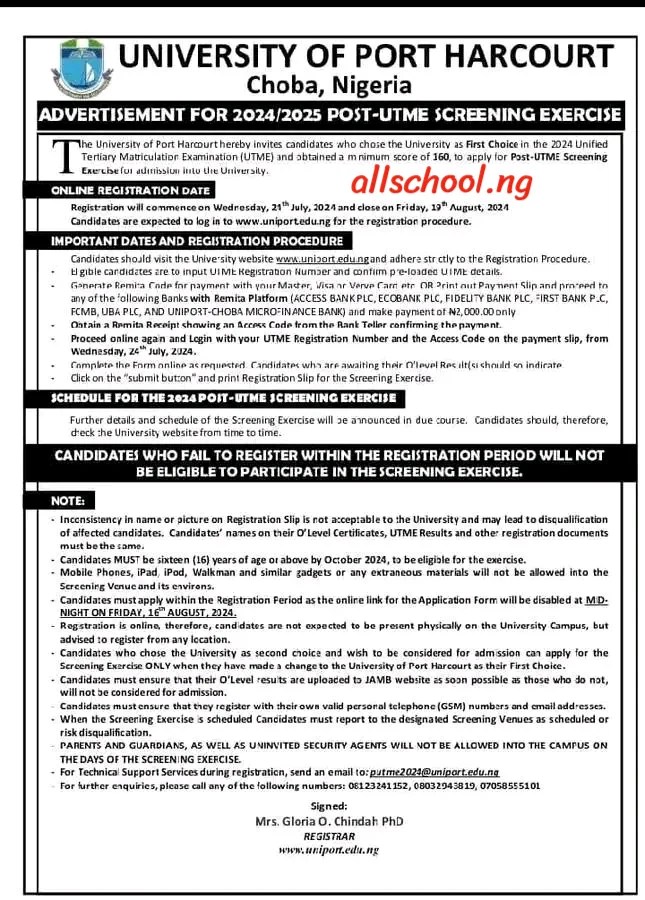 UNIPORT Post UTME Form 2024/2025 [UPDATED]