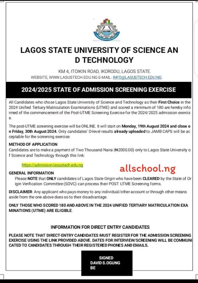 LASUSTECH Post UTME Form 2025/2025 [UPDATED]