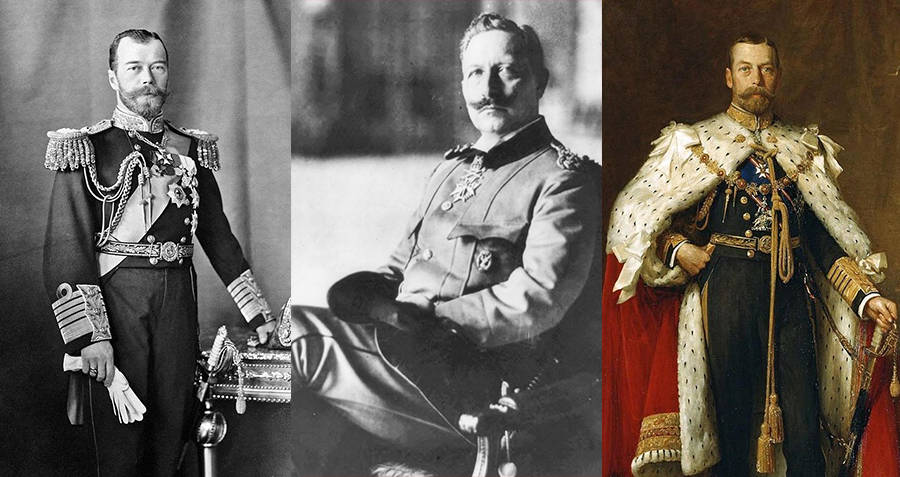 Tsar Nicholas II of Russia, Kaiser Wilhelm II of Germany, and King George V of England