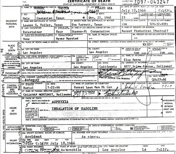Bobby Fuller&rsquo;s Death Certificate