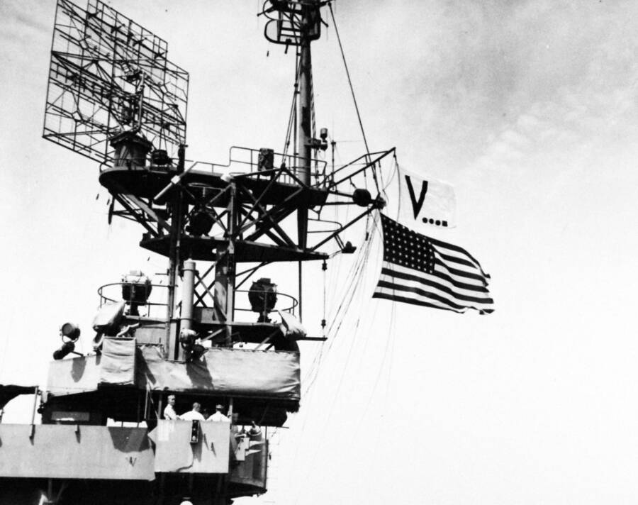 Vj Day Flag Flying On Uss Chenango
