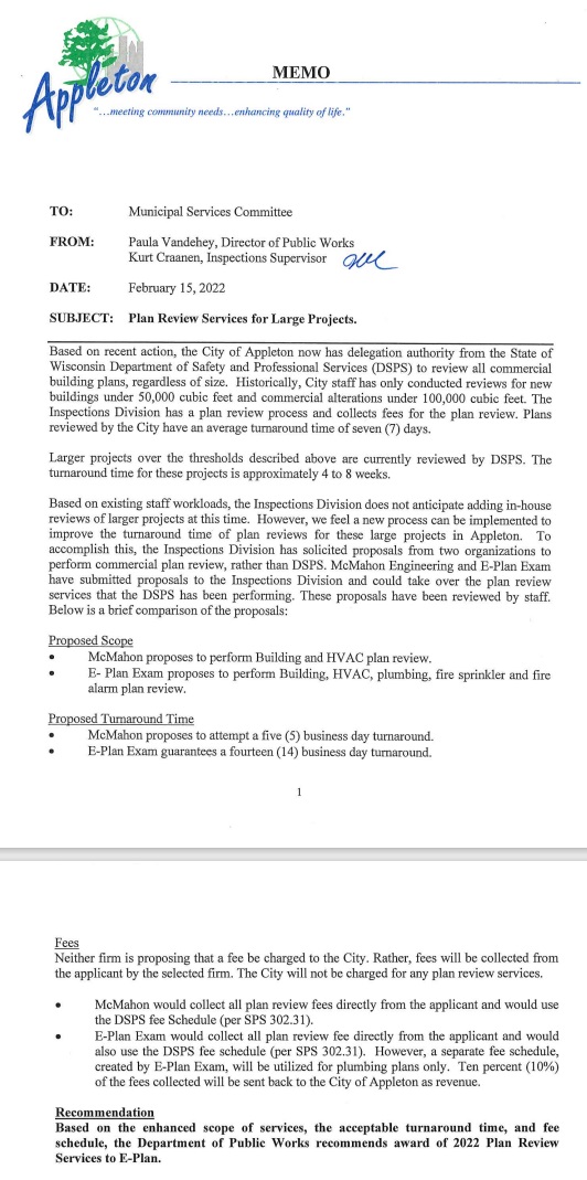 Municipal Services Committee Approves Plan Review Services Contract