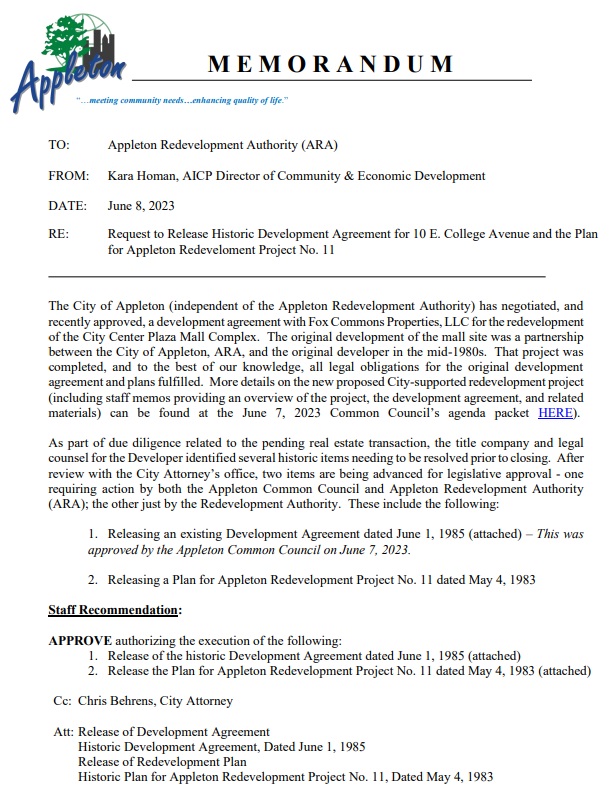 Appleton Redevelopment Authority Meeting 06/14/2023 Will Vote To