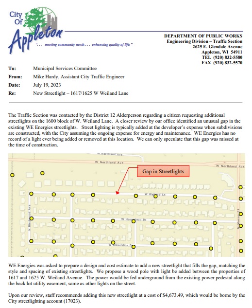 Common Council Approves Installation Of Streetlight On Weiland Lane
