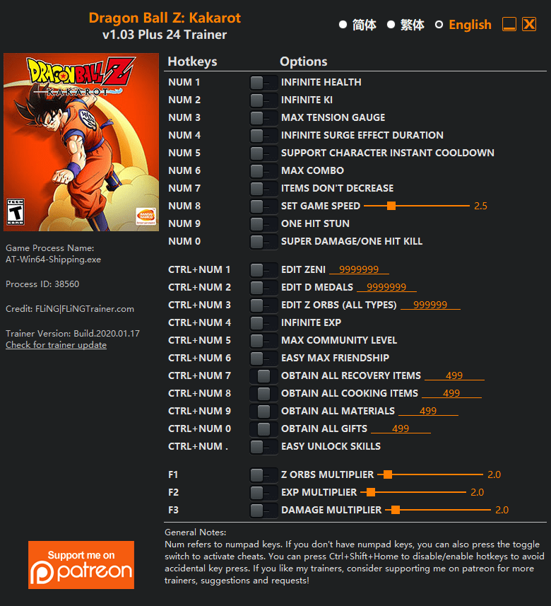 Dragon Ball Z Kakarot 1.20 Trainer +24, Cheats & Codes PC Games Trainers