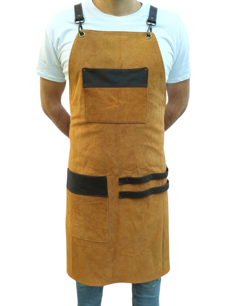 Suede Cowhide Leather Apron With Suede Leather Pockets & Crossed