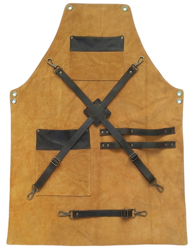 Suede Cowhide Leather Apron With Suede Leather Pockets & Crossed