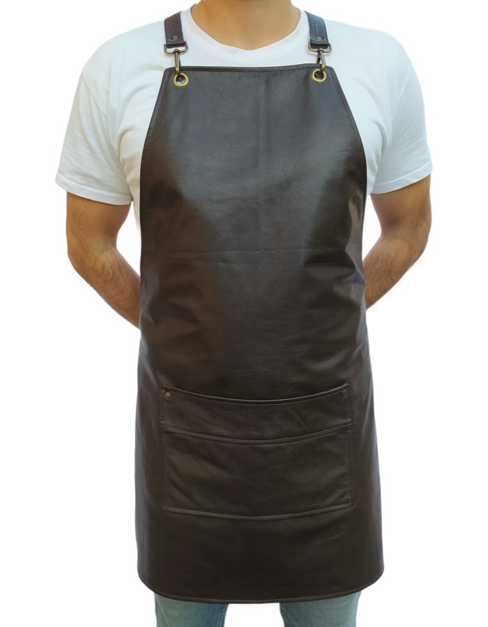 Dark Brown Cowhide Leather Apron With Cowhide Leather Pocket & Crossed