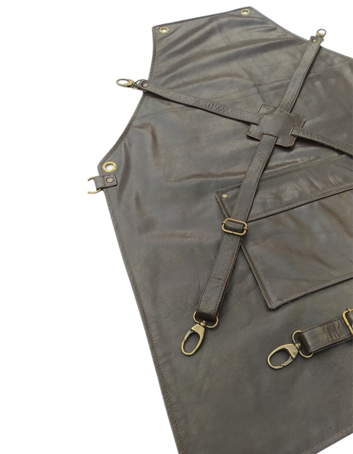 Dark Brown Cowhide Leather Apron With Cowhide Leather Pocket & Crossed