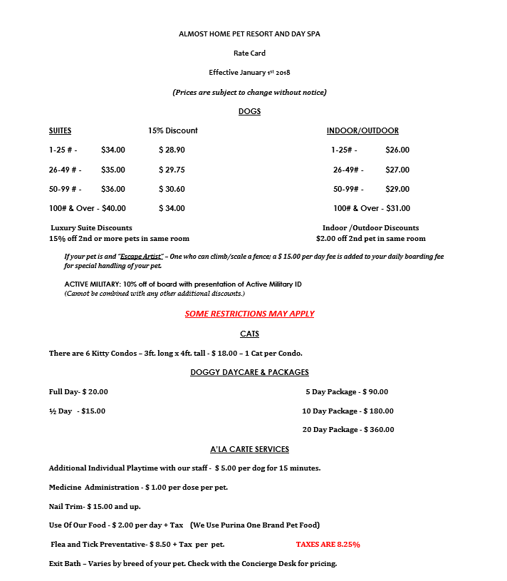 Pricing Almost Home Pet Resort