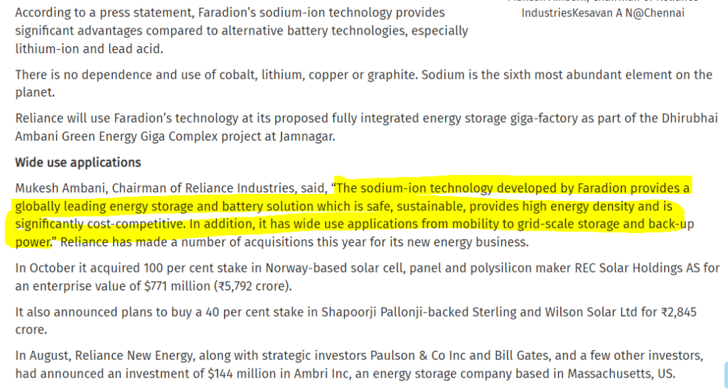 Sodiumion Faradion and Reliance ALPHA AFFAIRS