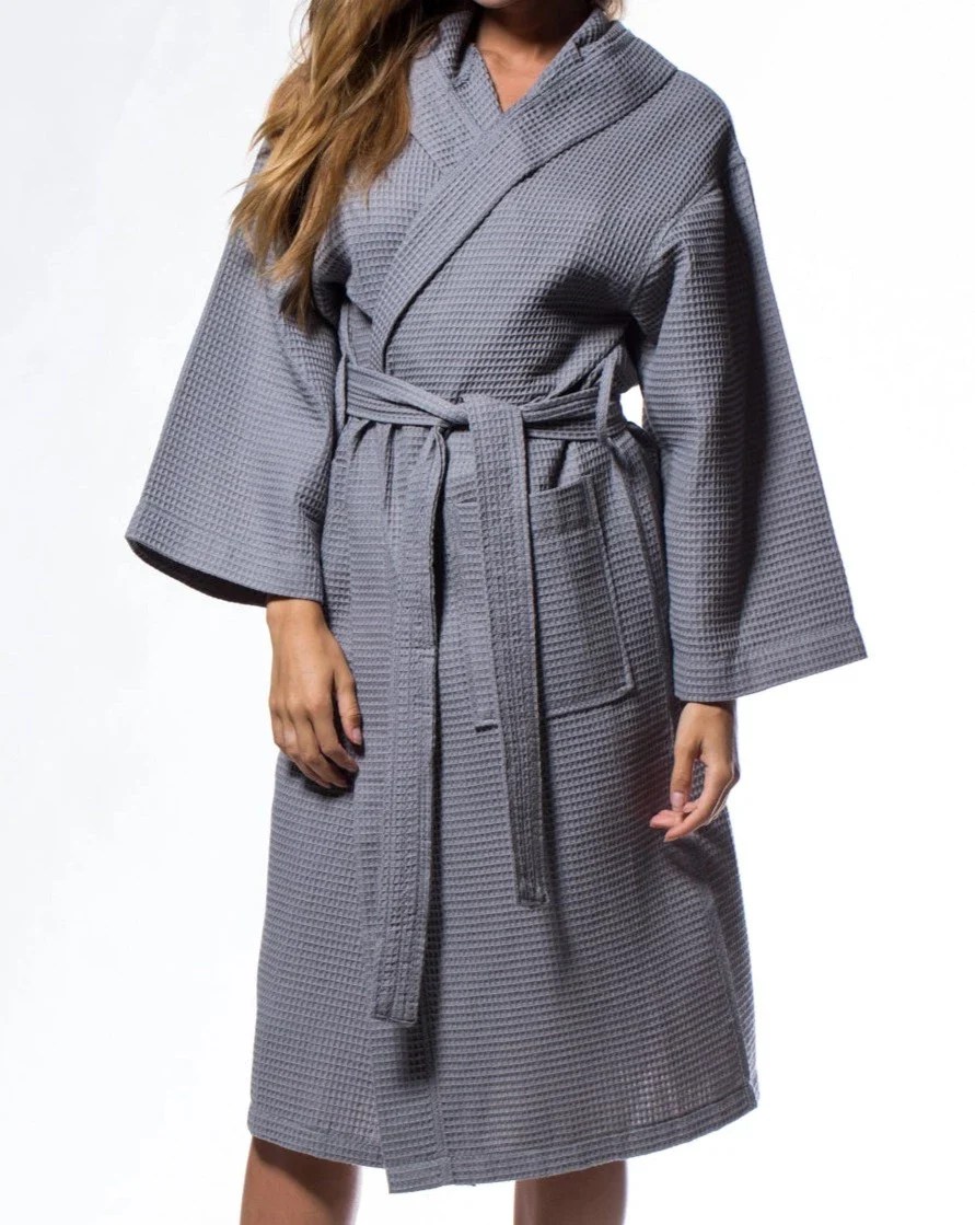 Waffle Weave Hooded Long Robe Square Pattern Alpha Cotton