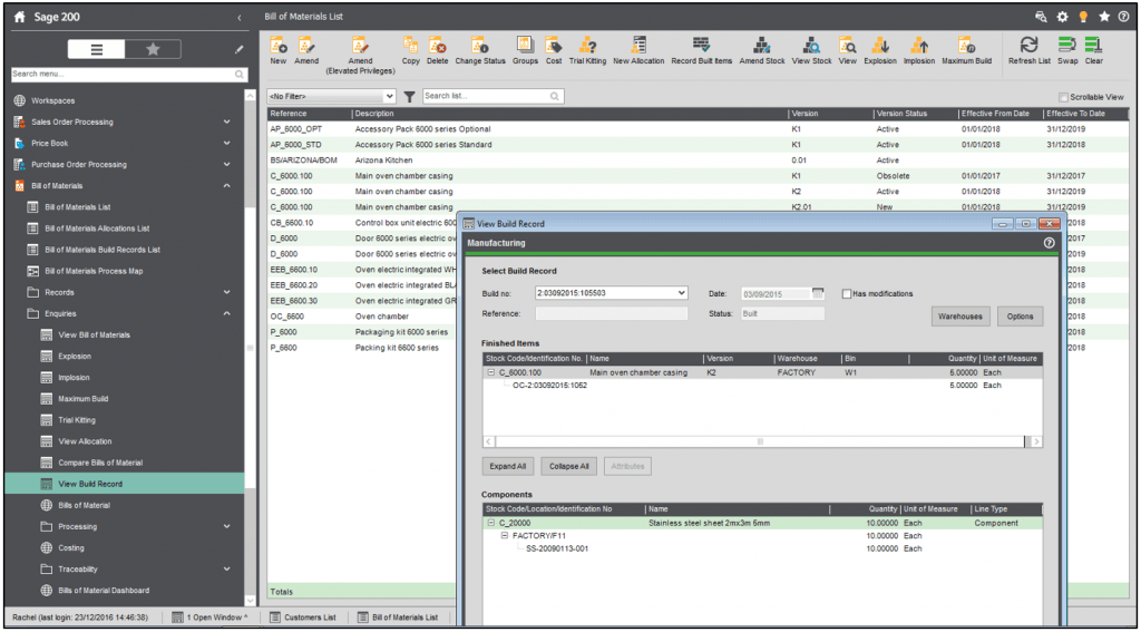 Sage 200 Bill of Materials (BOM) Full Manufacturing