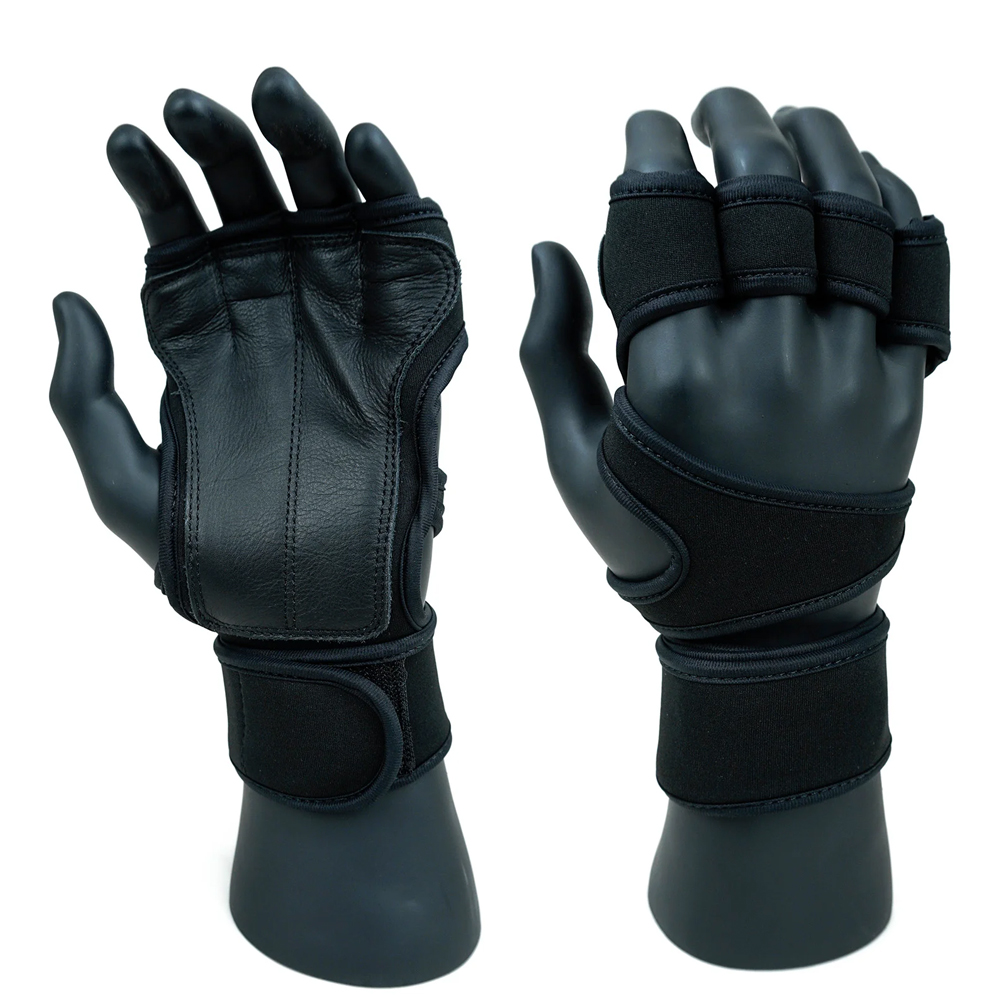 Black Half Finger Sports Leather Gloves With Wrist Wraps