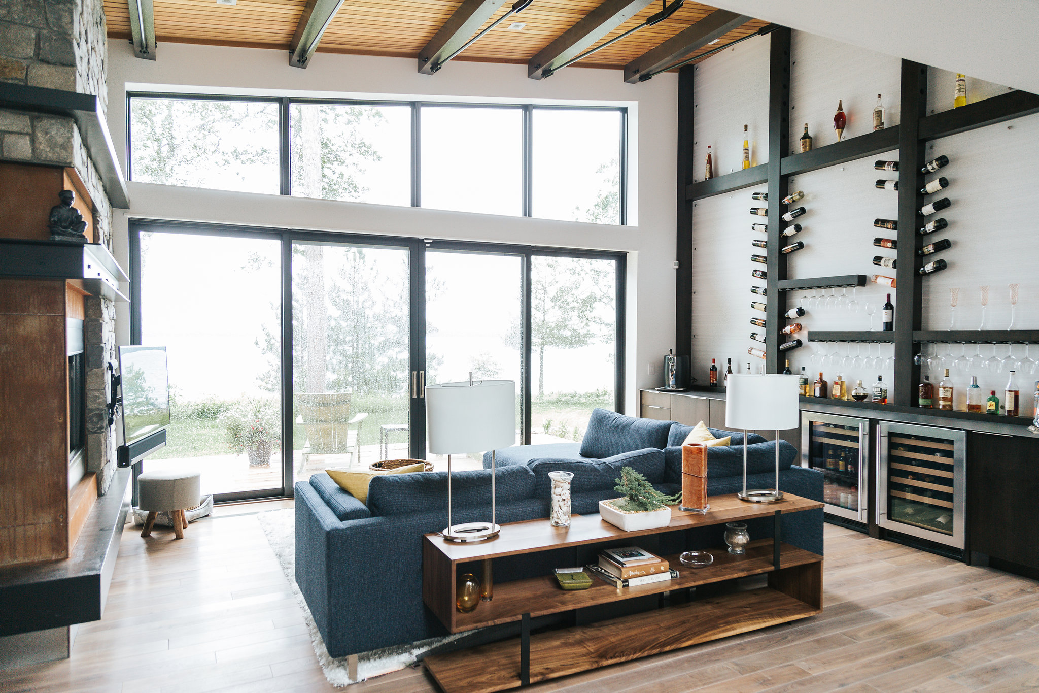 Modern Frameless Alder bar with unique custom wine bottle holder