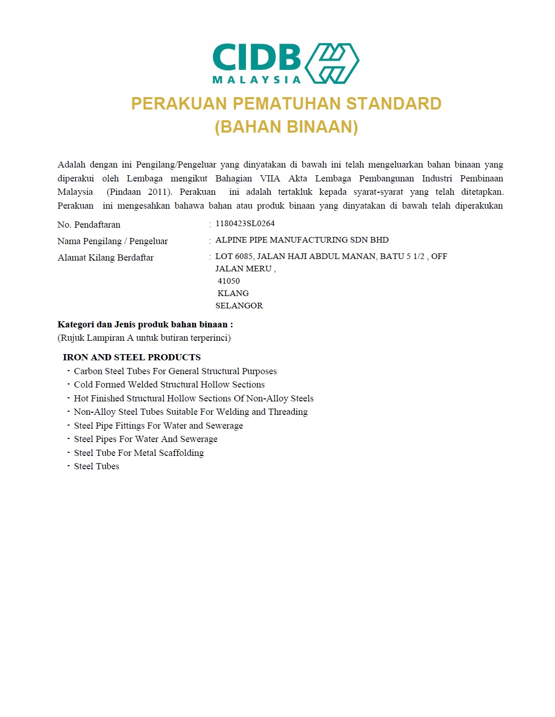 Certificates Alpine Pipe