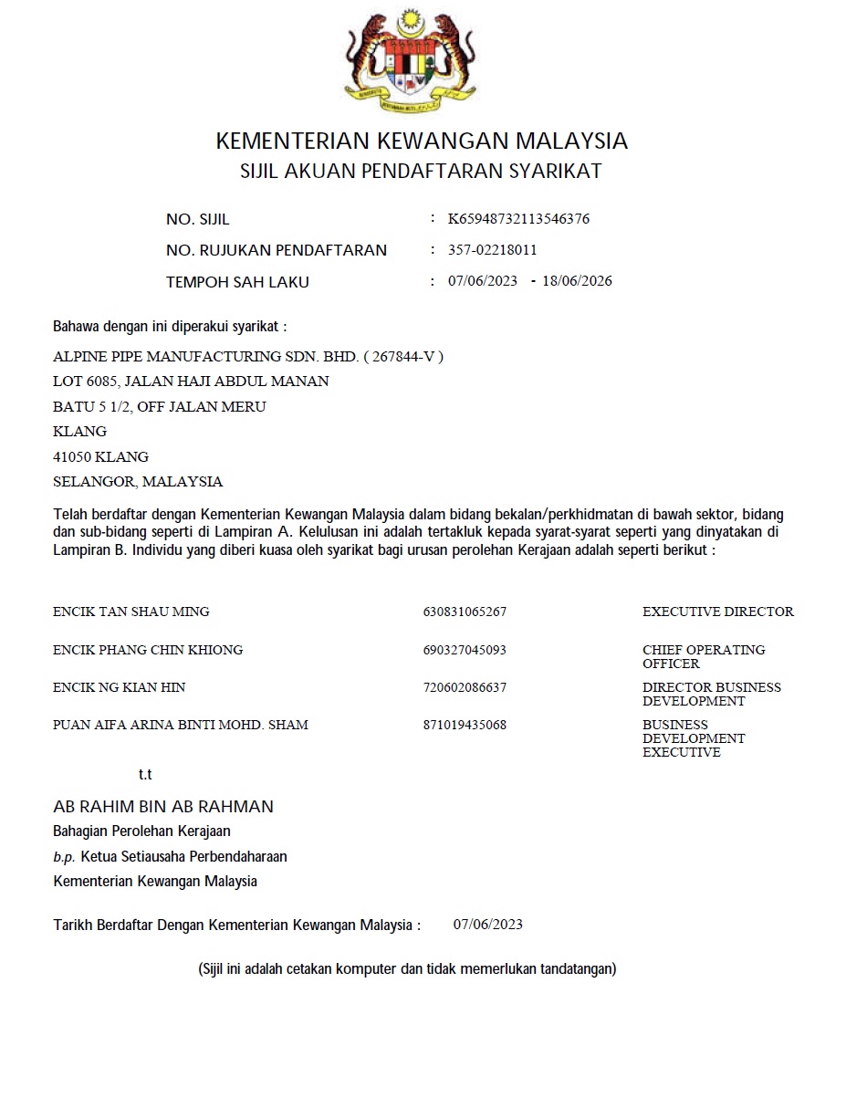 Certificates Alpine Pipe