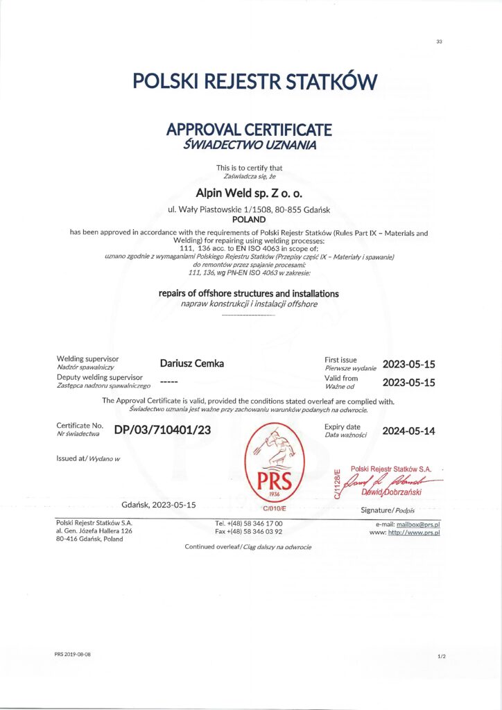 Alpin Weld Certificates
