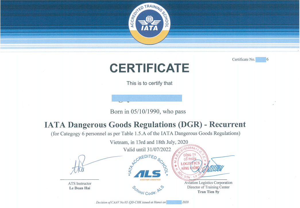 Thông báo lịch đào tạo Khóa học hàng hóa nguy hiểm Chứng chỉ IATA
