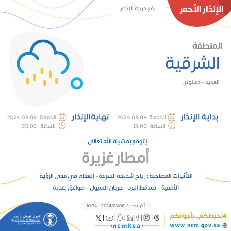 إنذار أحمر في المنطقة الشرقية