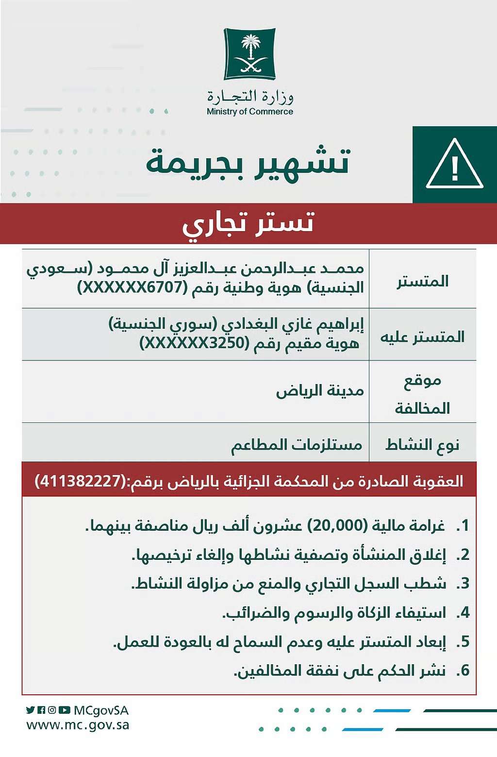 التجارة تشهر بـ مواطن ومقيم سوري لإرتكابهما جريمة التستر في بيع أجهزة ومعدات المطاعم بالرياض