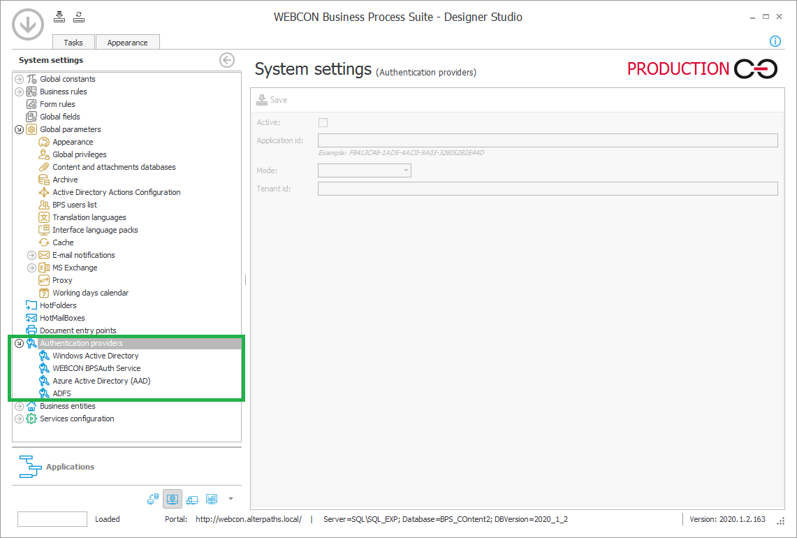 Authentication providers section in WEBCON BPS Designer Studio system settings