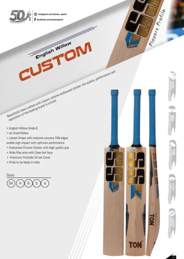 SS CUSTOM English Willow Grade 6 Cricket Bat AMAFHHA Sports