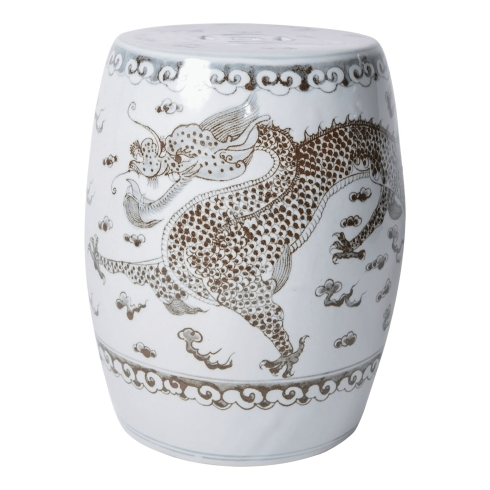 Brown and White Hong Wu Dragon Porcelain Garden Stool Amanda Reynal